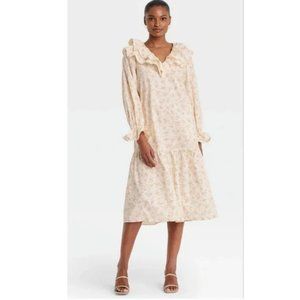 Who What Wear Cream Floral Ruffle Long Sleeve Midi Cottagecore Dress P2084